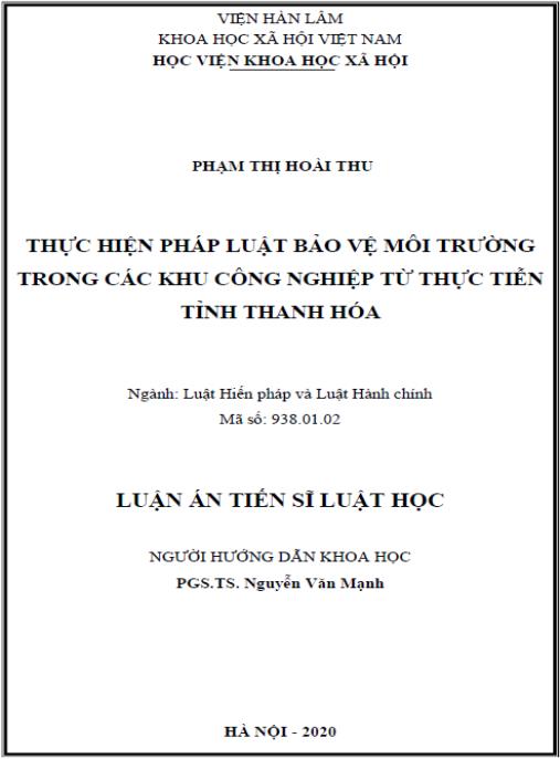 Luận án Thực hiện pháp luật bảo vệ môi trường trong các khu công từ thực tiễn tỉnh Thanh Hóa