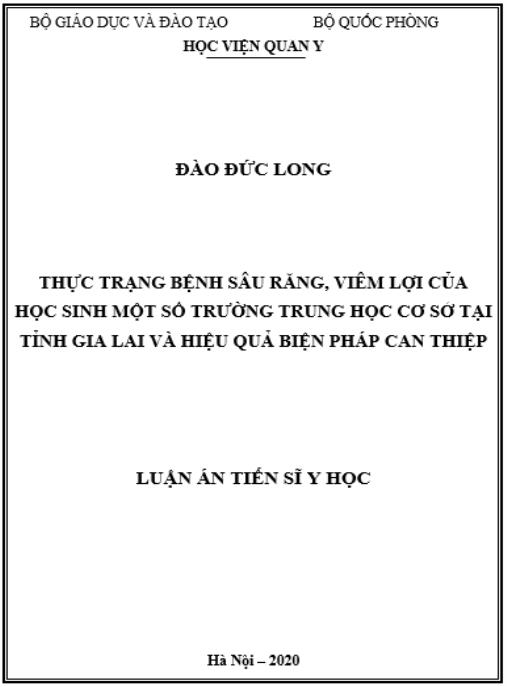 Luận án Thực trạng bệnh sâu răng, viêm lợi của học sinh một số trường trung học cơ sở tại tỉnh Gia Lai và hiệu quả biện pháp can thiệp