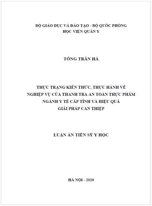 Luận án Thực trạng kiến thức, thực hành về nghiệp vụ của thanh tra an toàn thực phẩm ngành y tế cấp tỉnh và hiệu quả giải pháp can thiệp