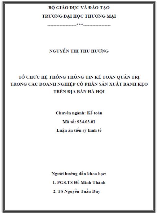 Luận án Tổ chức hệ thống thông tin kế toán quản trị trong các doanh nghiệp cổ phần sản xuất bánh kẹo trên địa bàn Hà Nội.
