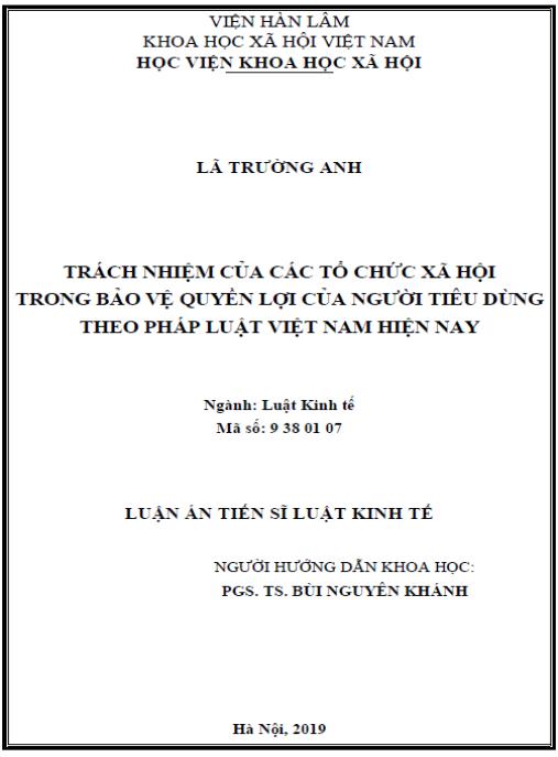 Luận án Trách nhiệm của các tổ chức xã hội trong bảo vệ quyền lợi của người tiêu dùng theo pháp luật Việt Nam hiện nay