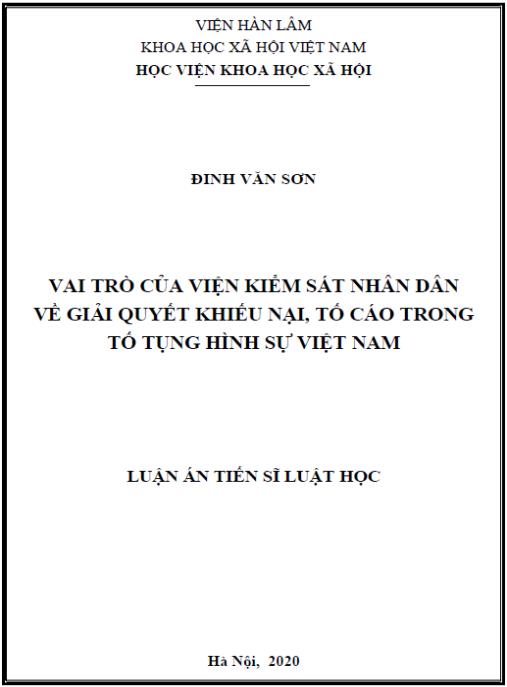 Luận án Vai trò của Viện kiểm sát nhân dân về giải quyết khiếu nại, tố cáo trong tố tụng hình sự Việt Nam