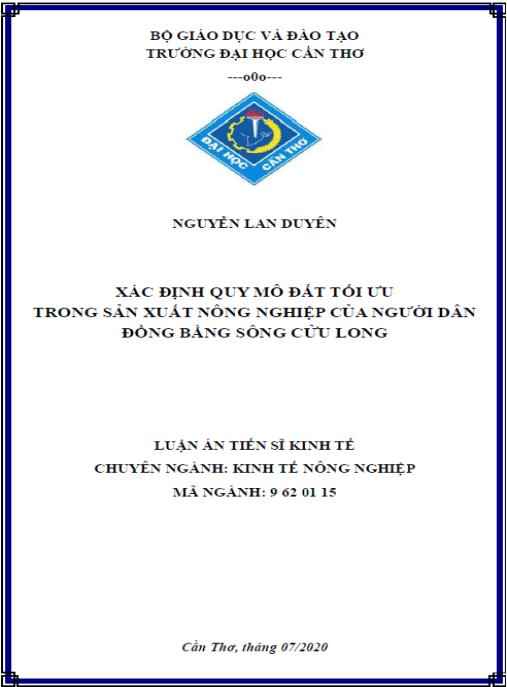 Luận án Xác định quy mô đất tối ưu trong sản xuất nông nghiệp của người dân đồng bằng sông Cửu Long