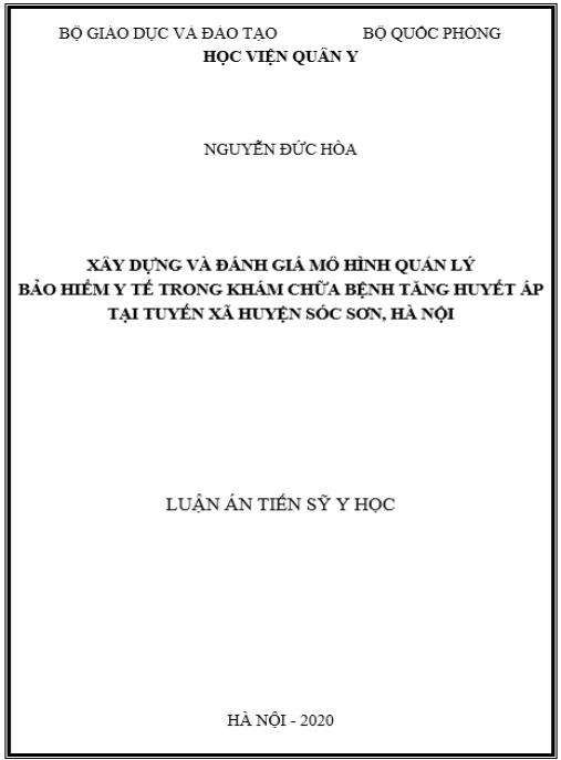 Luận án Xây dựng và đánh giá mô hình quản lý bảo hiểm y tế trong khám chữa bệnh tăng huyết áp tại tuyến xã huyện Sóc Sơn, Hà Nội.