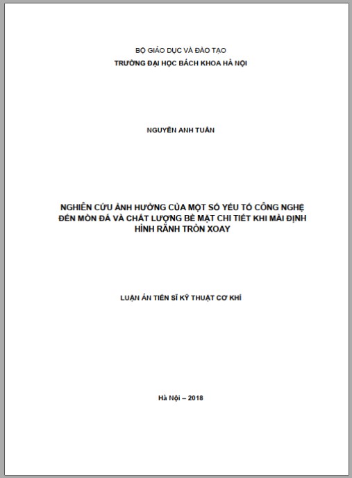 Luận án Nghiên cứu ảnh hưởng của một số yếu tố công nghệ đến mòn đá và chất lượng bề mặt chi tiết khi mài định hình rãnh tròn xoay.