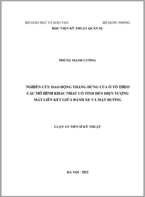 Luận án Nghiên cứu dao động thẳng đứng của ô tô theo các mô hình khác nhau có tính đến hiện tượng mất liên kết giữa bánh xe và mặt đường.