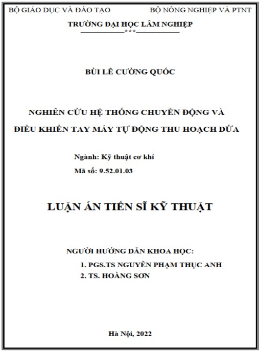 Luận án Nghiên cứu hệ thống chuyển động và điều khiển tay máy tự động thu hoạch dứa