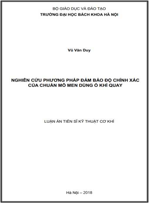 Luận án Nghiên cứu phương pháp đảm bảo độ chính xác của chuẩn mô men dùng ổ khí quay.
