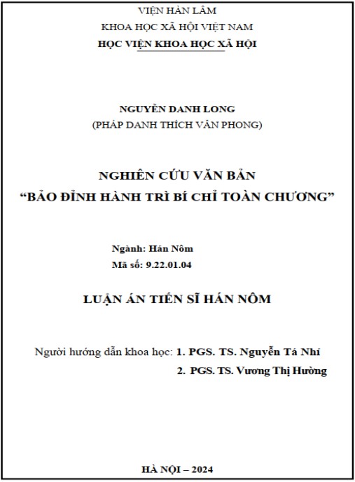 Luận án Nghiên cứu văn bản “Bảo Đỉnh hành trì bí chỉ toàn chương”