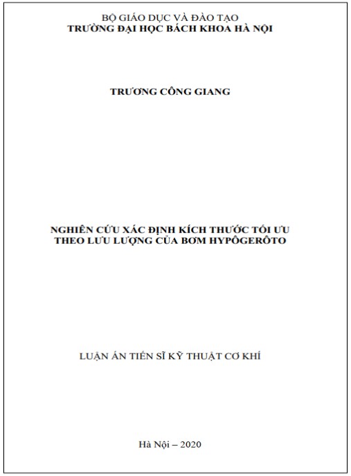 Luận án Nghiên cứu xác định kích thước tối ưu theo lưu lượng của bơm Hypôgerôto