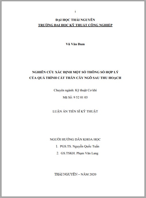 Luận án Nghiên cứu xác định một số thông số hợp lý của quá trình cắt thân cây ngô sau thu hoạch