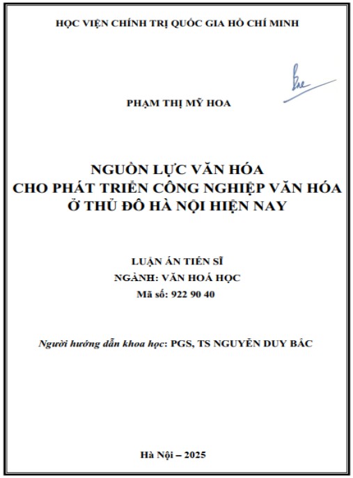 Luận án Nguồn lực văn hoá cho phát triển công nghiệp văn hoá ở Thủ đô Hà Nội hiện nay.