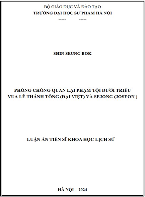 Luận án Phòng chống quan lại phạm tội dưới triều vua Lê Thánh Tông (Đại Việt) và Sejong (Joseon)