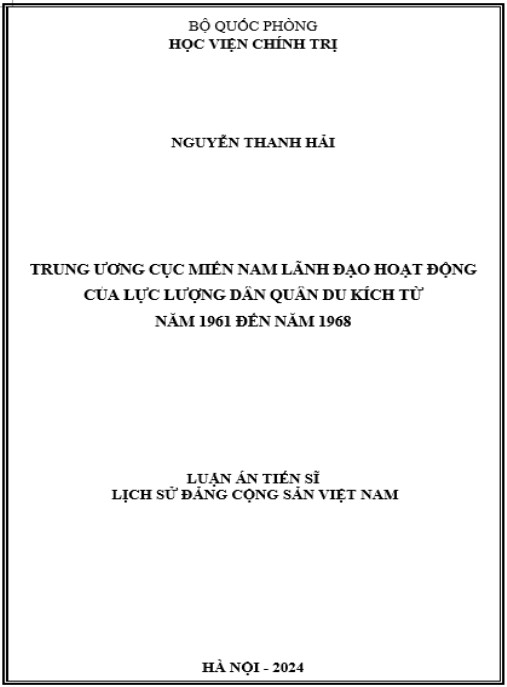 Luận án Trung ương Cục miền Nam lãnh đạo hoạt động của lực lượng dân quân du kích từ năm 1961 đến năm 1968
