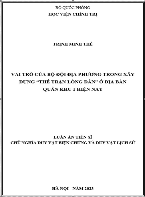 Luận án Vai trò của Bộ đội địa phương trong xây dựng “thế trận lòng dân” ở địa bàn Quân khu 1 hiện nay