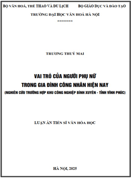 Luận án Vai trò của người phụ nữ trong gia đình công nhân hiện nay (nghiên cứu trường hợp khu công nghiệp Bình Xuyên – Tỉnh Vĩnh Phúc)