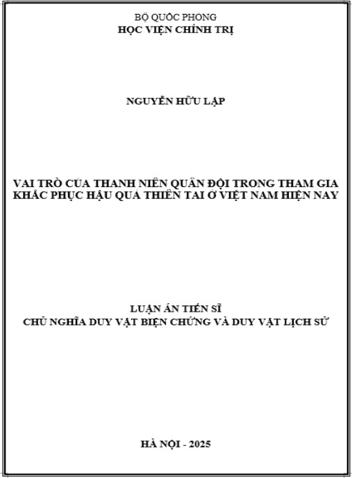 Luận án Vai trò của thanh niên Quân đội trong tham gia khắc phục hậu quả thiên tai ở Việt Nam hiện nay