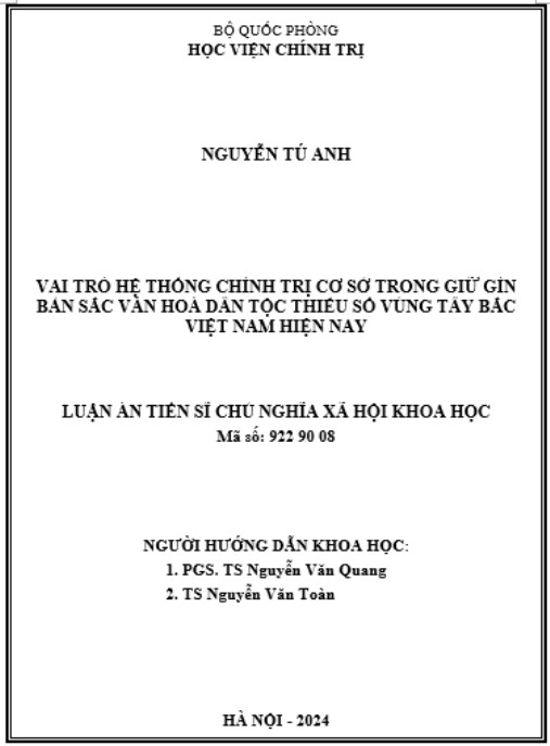 Luận án Vai trò hệ thống chính trị cơ sở trong giữ gìn bản sắc văn hoá dân tộc thiểu số vùng Tây Bắc Việt Nam hiện nay