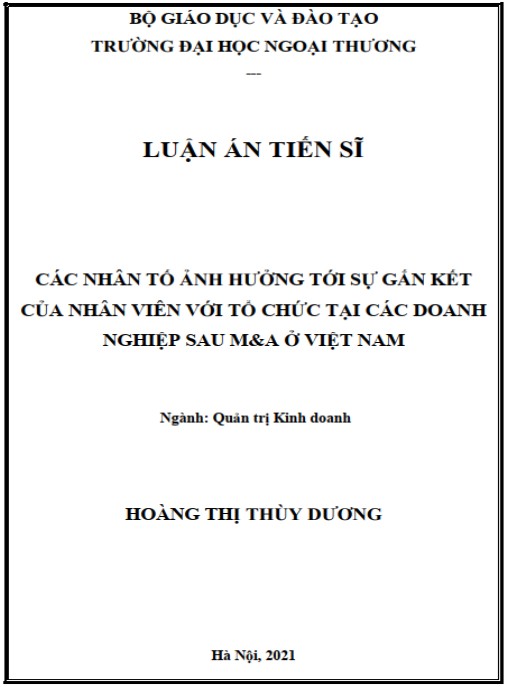 Luận án Các nhân tố ảnh hưởng tới sự gắn kết của nhân viên với tổ chức tại các doanh nghiệp sau M&A ở Việt Nam