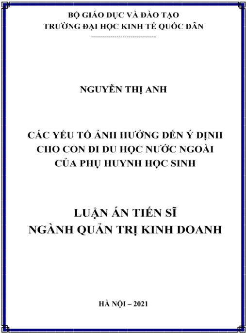 Luận án Các yếu tố ảnh hưởng đến ý định cho con đi du học nước ngoài của phụ huynh học sinh