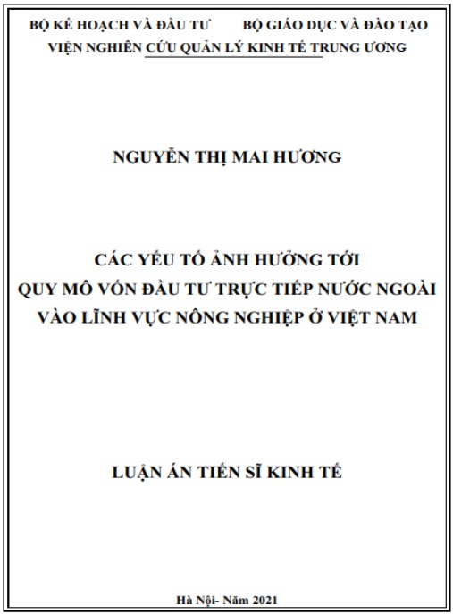 Luận án Các yếu tố ảnh hưởng tới quy mô vốn đầu tư trực tiếp nước ngoài vào lĩnh vực nông nghiệp ở Việt Nam