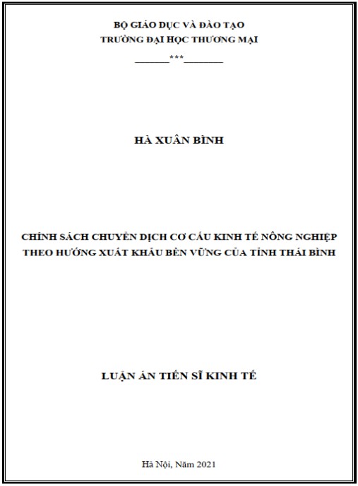Luận án Chính sách chuyển dịch cơ cấu kinh tế nông nghiệp theo hướng xuất khẩu bền vững của tỉnh Thái Bình