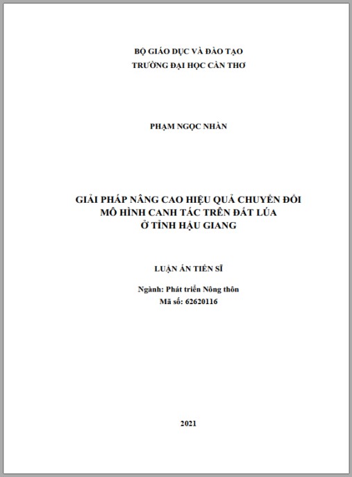 Luận án Giải pháp nâng cao hiệu quả chuyển đổi mô hình canh tác trên đất lúa ở tỉnh Hậu Giang