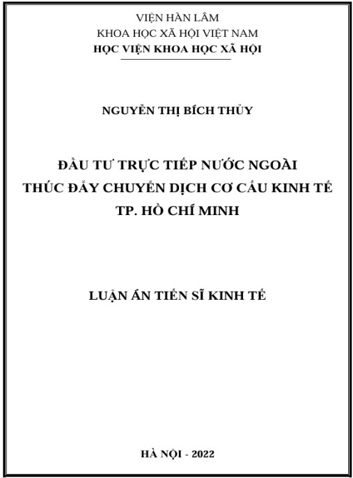 Luận án Đầu tư trực tiếp nước ngoài thúc đẩy chuyển dịch cơ cấu kinh tế của Thành phố Hồ Chí Minh