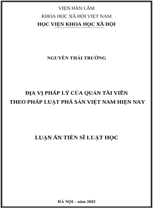 Luận án Địa vị pháp lý của Quản tài viên theo pháp luật phá sản Việt Nam hiện nay.
