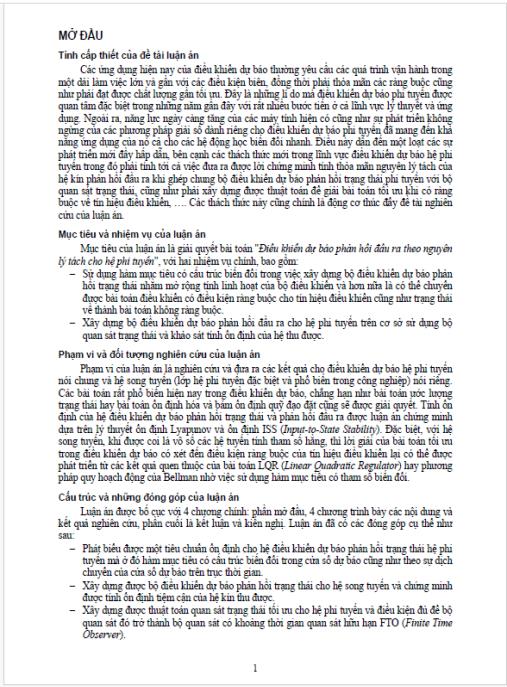 Luận án Điều khiển dự báo phản hồi đầu ra theo nguyên lý tách cho hệ phi tuyến