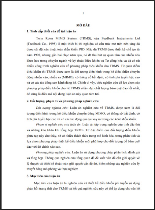 Luận án Điều khiển thích nghi bền vững hệ twin rotor MIMO trong không gian biến khớp