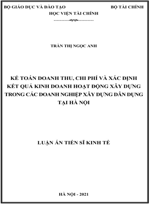 Luận án Kế toán doanh thu, chi phí và xác định kết quả kinh doanh hoạt đông xây dựng trong các doanh nghiệp xây dựng dân dụng tại Hà Nội