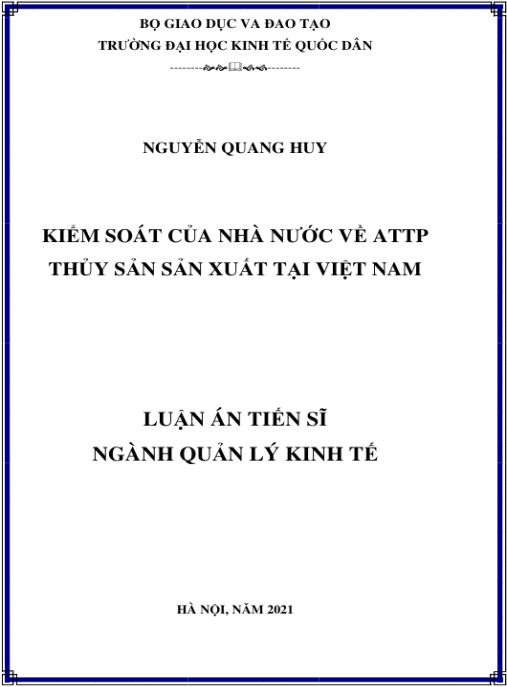 Luận án Kiểm soát của Nhà nước về ATTP thủy sản sản xuất tại Việt Nam