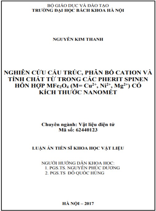 Luận án Nghiên cứu cấu trúc, phân bố cation và tính chất từ trong các pherit spinen hỗn hợp MFe2O4 (M= Cu2+, Ni2+, Mg2+) có kích thước nanomét