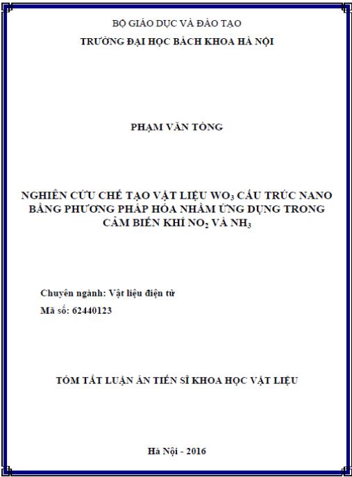 Luận án Nghiên cứu chế tạo vật liệu WO3 cấu trúc nano bằng phương pháp hóa nhằm ứng dụng trong cảm biến khí NO2 và NH3