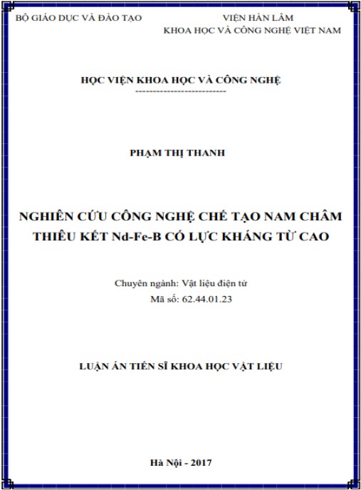 Luận án Nghiên cứu công nghệ chế tạo nam châu thiêu kết Nd-Fe-B có lực kháng từ cao