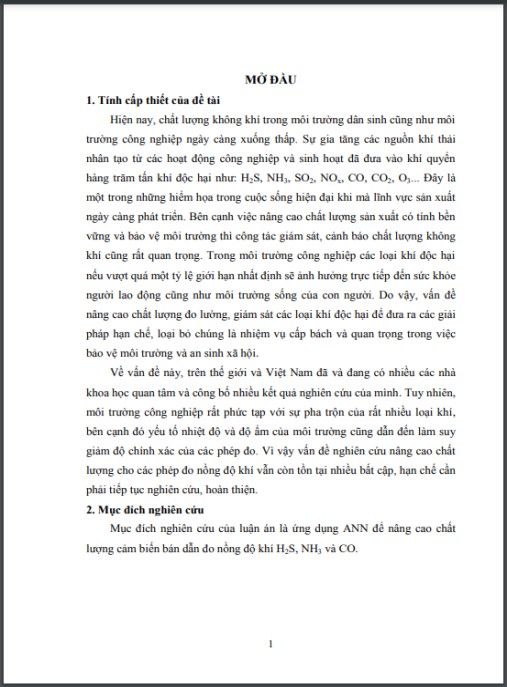 Luận án Nghiên cứu nâng cao chất lượng đo nồng độ khí độc hại trong môi trường công nghiệp dùng mạng nơ-ron