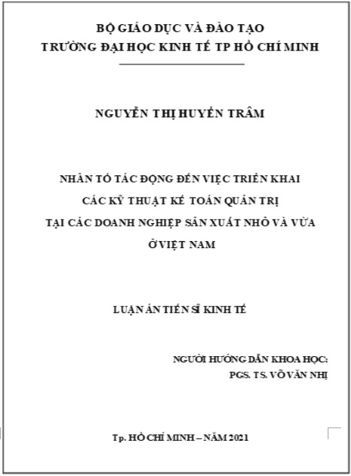 Luận án Nhân tố tác động đến việc triển khai các kỹ thuật kế toán quản trị tại các doanh nghiệp sản xuất nhỏ và vừa ở Việt Nam