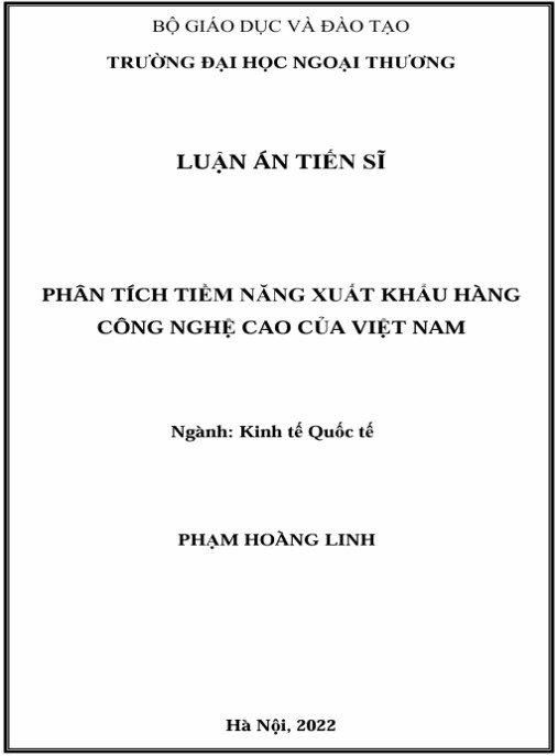 Luận án Phân tích tiềm năng xuất khẩu hàng công nghệ cao của Việt Nam