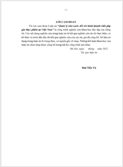 Luận án Quản lý nhà nước đối với kinh doanh chất phụ gia thực phẩm tại Việt Nam