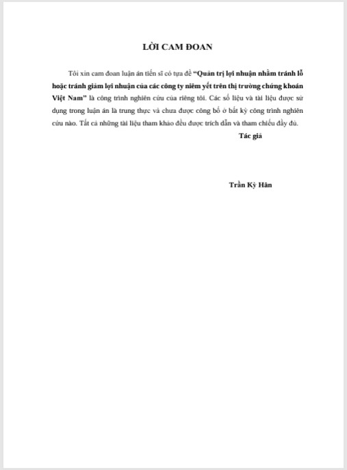 Luận án Quản trị lợi nhuận nhằm tránh lỗ hoặc tránh giảm lợi nhuận của các công ty niêm yết trên thị trường chứng khoán Việt Nam