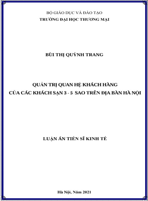 Luận án Quản trị quan hệ khách hàng của các khách sạn 3 – 5 sao trên địa bàn Hà Nội