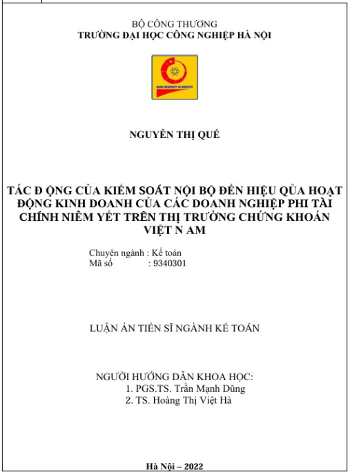 Luận án Tác động của kiểm soát nội bộ đến hiệu quả hoạt động kinh doanh của các doanh nghiệp phi tài chính niêm yết trên thị trường chứng khoán Việt Nam