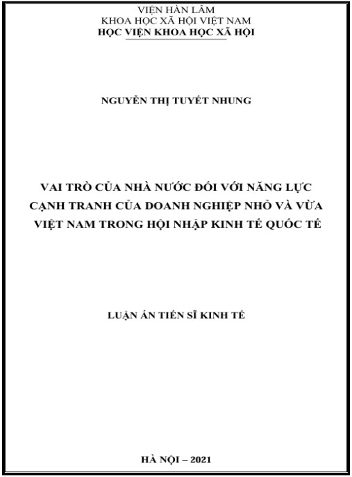 Luận án Vai trò của Nhà nước đối với năng lực cạnh tranh của doanh nghiệp nhỏ và vừa Việt Nam trong hội nhập kinh tế quốc tế