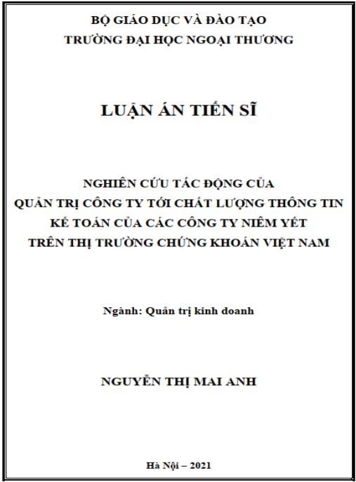 Luận án Nghiên cứu tác động của quản trị công ty tới chất lượng thông tin kế toán của các công ty niêm yết trên thị trường chứng khoán Việt Nam