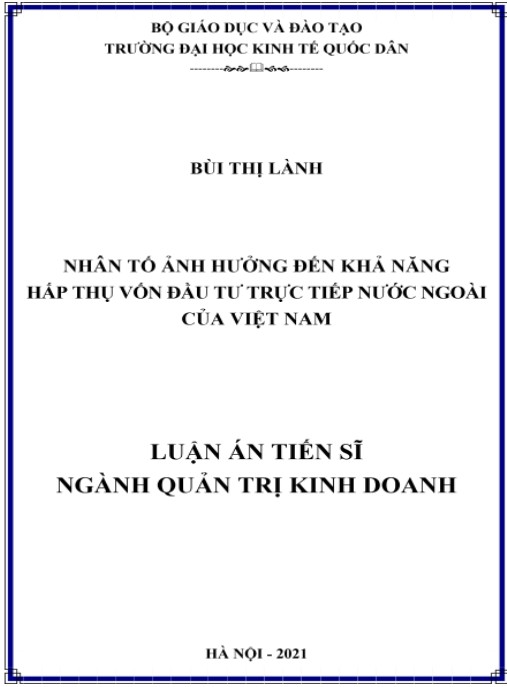 Luận án Nhân tố ảnh hưởng đến khả năng hấp thụ vốn đầu tư trực tiếp nước ngoài của Việt Nam