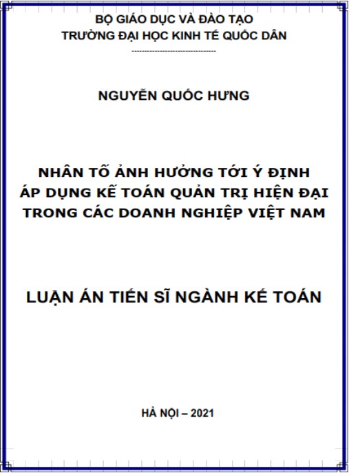 Luận án Nhân tố ảnh hưởng tới ý định áp dụng kế toán quản trị hiện đại trong các doanh nghiệp Việt Nam
