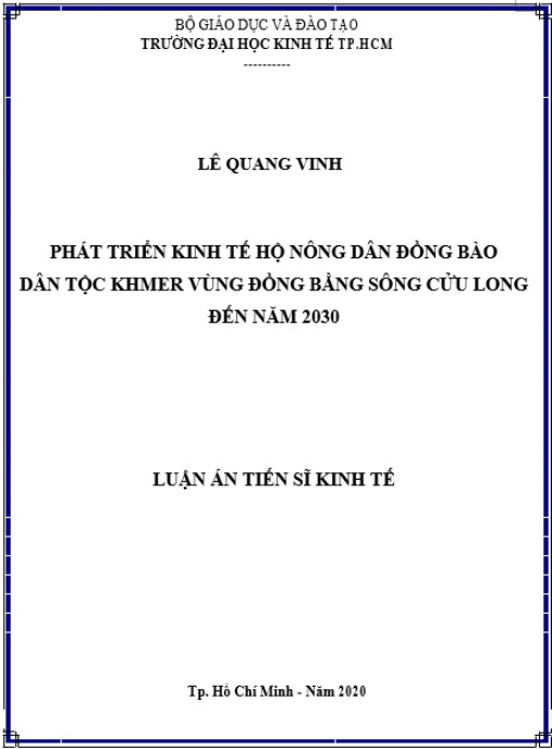Luận án Phát triển kinh tế hộ nông dân đồng bào dân tộc Khmer vùng Đồng bằng sông Cửu Long đến năm 2030