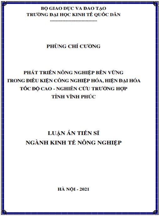 Luận án Phát triển nông nghiệp bền vững trong điều kiện công nghiệp hóa, hiện đại hóa tốc độ cao – Nghiên cứu trường hợp tỉnh Vĩnh Phúc.